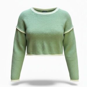 NWT Altar'd State Arula Plus Green White Boxy Cropped Knit Crew Neck Sweater- 1X